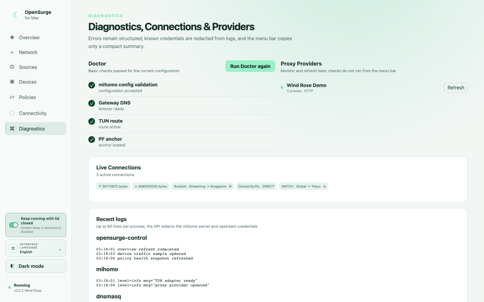 OpenSurge Diagnostics, Connections and Providers page