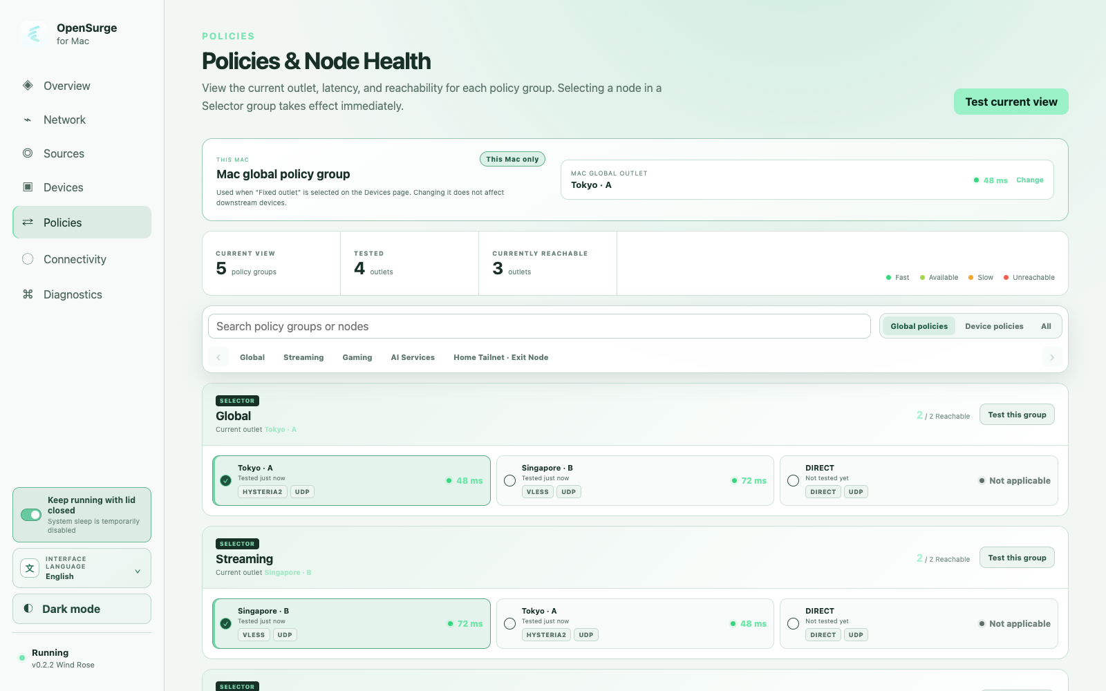 OpenSurge Policies and Node Health page