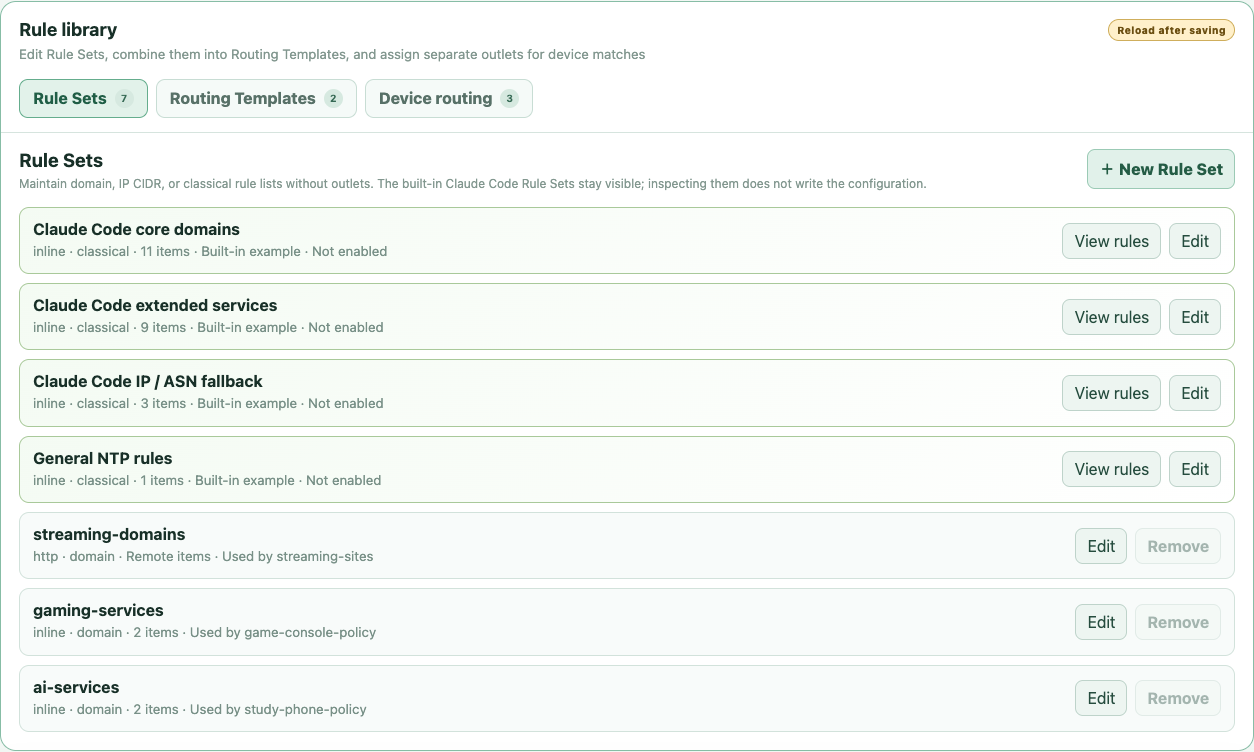OpenSurge Rule Library showing reusable rule sets