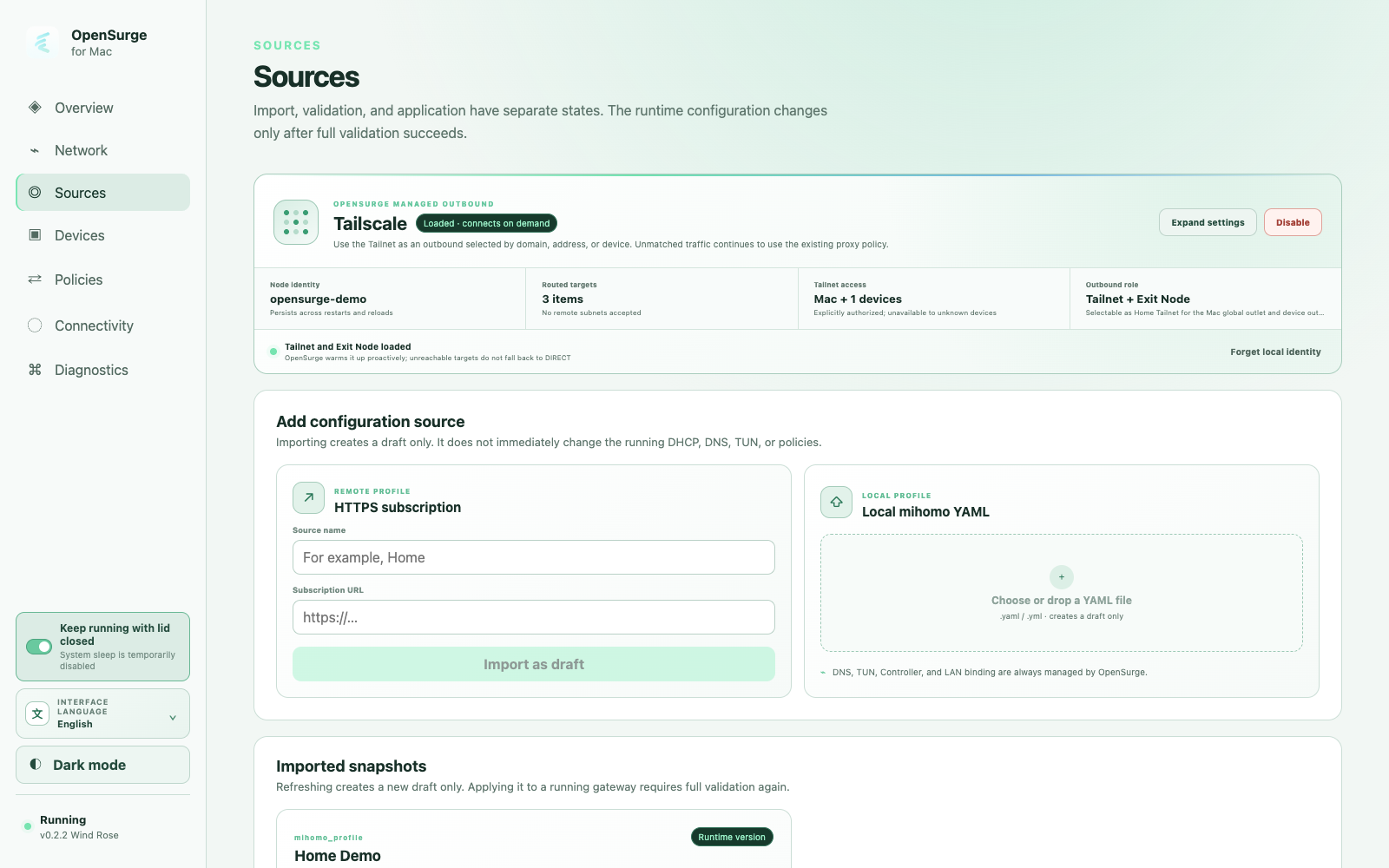 OpenSurge Tailscale card with selected Tailnet targets, device authorization and an Exit Node; fictional demo data